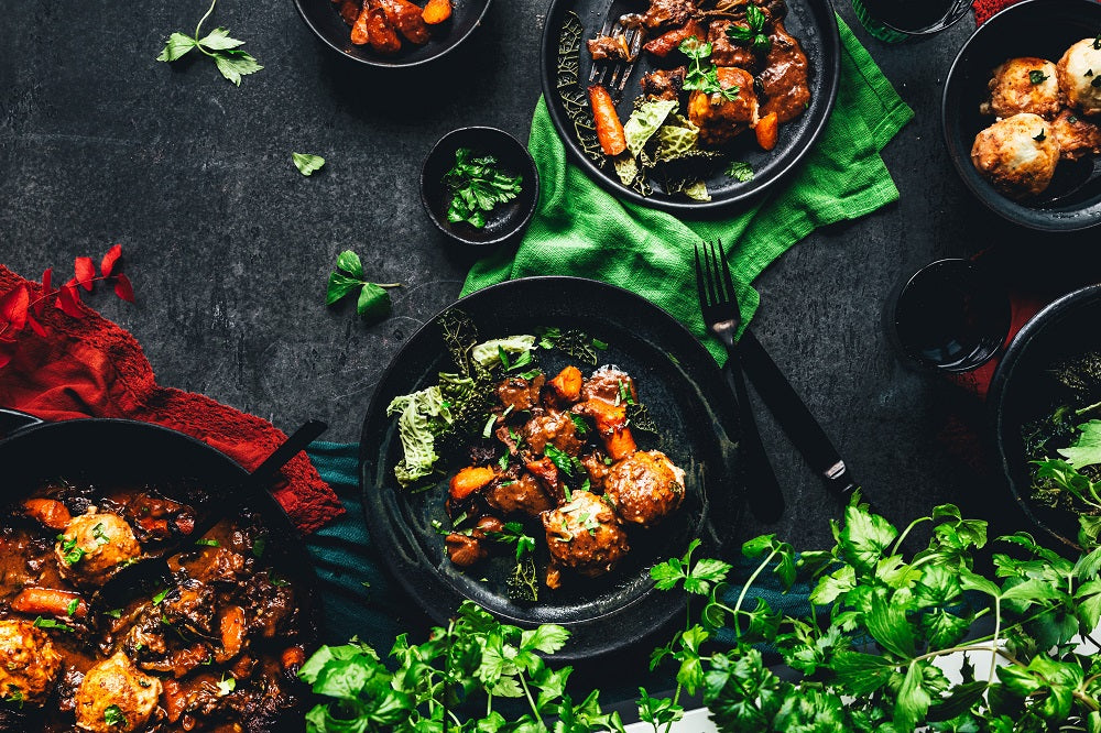 Beef Stew with Carrots, Leafy Celery and Lovage Potato Dumplings