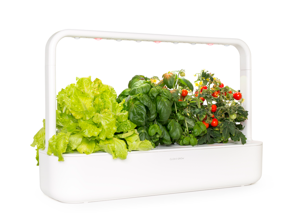 A close up side view of The Smart Garden 9 by Click and Grow in a white container.